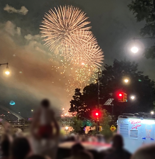 イースト・リバー沿いの道で独立記念日の花火を眺める人々